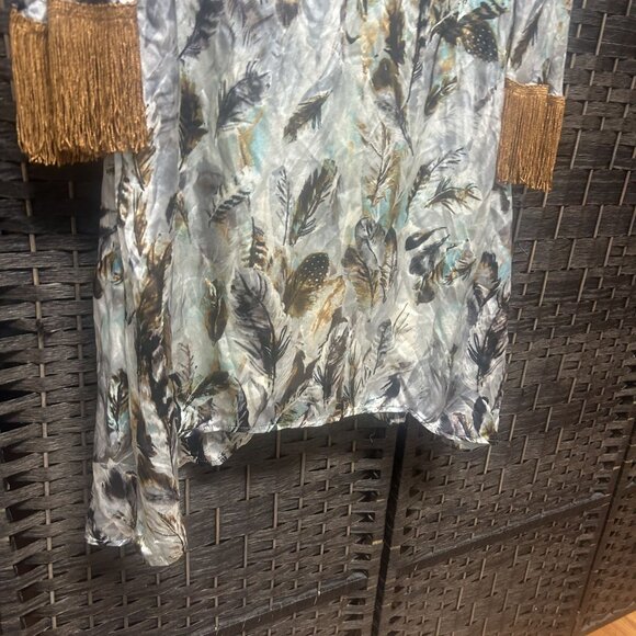 Uncle Frank Lined Fringe Cuffs Printed feather Silk Mini Dress - Picture 4 of 7